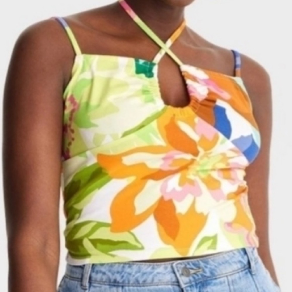FUTURE COLLECTIVE Alani Noelle Crop Cross Halter Top Multicolor Floral size L